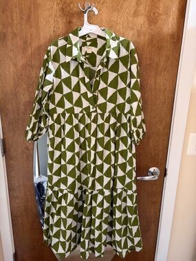 Maeve Green and White Geometric Midi Dress